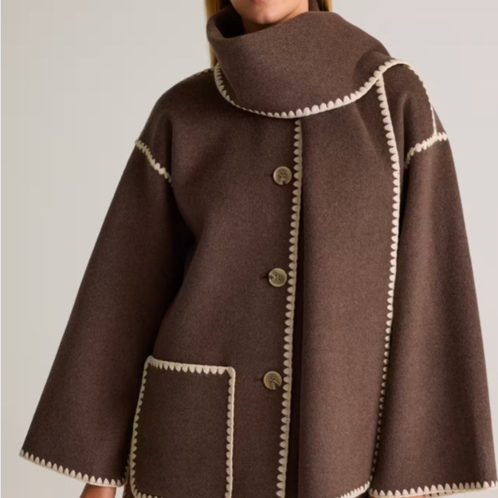 Quince Brown (Cocoa Melange) Double Faced Merino Wool Scarf Coat Jacket, Size L